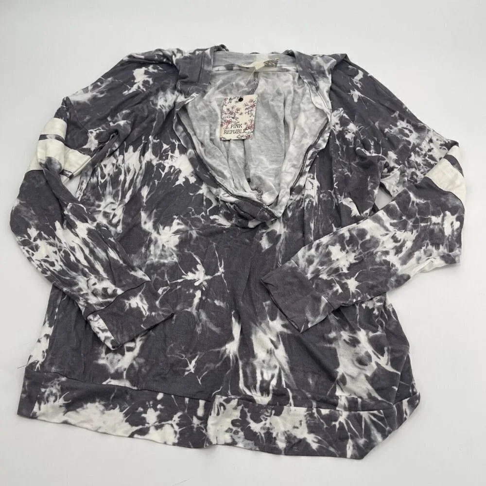 Pink Republic Hoodie Medium Womens Tie Dye Pullover Grey White Causal Knit New
